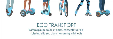 Vector web banner with dwellers riding electric transport. Legs on gyroboards, bicycles, scooters, skateboards. Green eco transport banner template, picture and textのイラスト素材