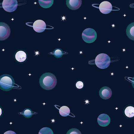 Vector space seamless background with planets and stars. Bright repeating texture with cosmic elements. design for fabric and wrapping paper.の写真素材