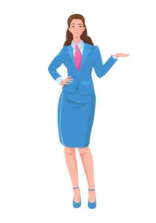 Cute businesswoman showing something. Vector illustration isolated on a white backgroundのイラスト素材