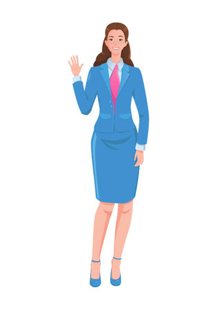 Smiling businesswoman character in formal wear standing and waving her hand, business person at work cartoon vector illustrationのイラスト素材