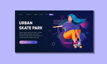 Girl skateboarding. Flat cartoon vector illustrations. Event, activity concept for banner, website design or landing web page. teenager skateboarding hobbyのイラスト素材