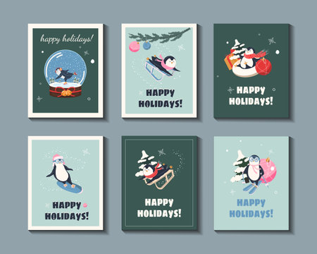 Cute hand drawn penguins set - Merry Christmas greetings. Winter holiday cards. Christmas templates, Christmas Tree, baby penguin, Christmas ornament, bird.の写真素材