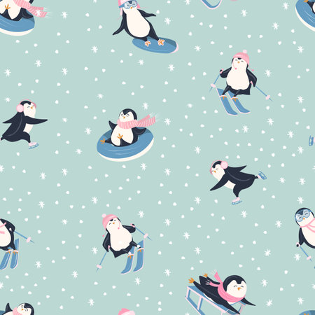 Seamless pattern with penguins on a snowing backgroundの写真素材