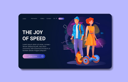 Landing Page Offers Spend Time on Gyroscooter. Vector illustration with a man and woman ride gyroscooter.のイラスト素材