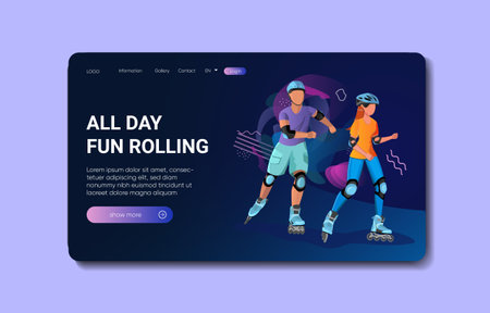 Couple roller skating. Flat vector illustration. Woman and man riding. Lifestyle, city park, leisure concept for banner, website design or landing web pageのイラスト素材