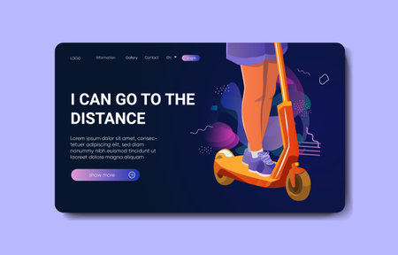 Cartoon young woman Scooter in Park. Vector flat illustration landing page or template for website and mobile site development. city life. Eco transport. Vibrant colors sport and extreme lifestyle designのイラスト素材