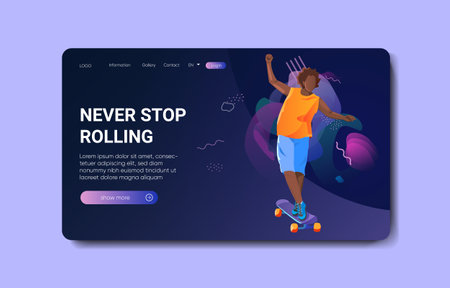 Guy in casual skateboarding. Male character riding longboard flat vector illustration. Skateboarder outdoor activity, lifestyle concept for banner, website design or landing web pageのイラスト素材