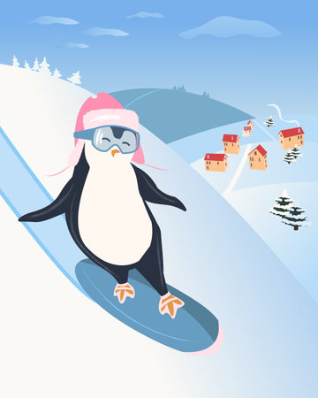 the penguin goes snowboarding in winter. Cute children's poster with an animalのイラスト素材