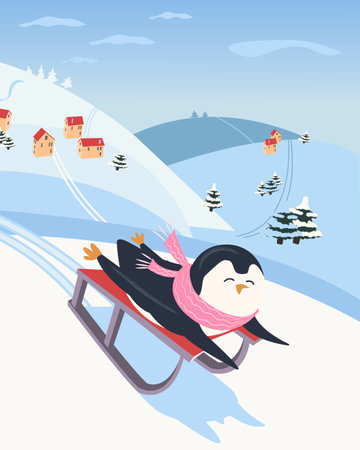 sled, children, penguin, bird, character, christmas, snow, season, winter, ride, slide, happy, hill, illustration, sleigh, activity, animal, concept, cute, holiday, leisure, vector, cold, flat, mountain, polar, postcard, north, scarf, year, art, cartoon, fun, outdoor, background, vacationのイラスト素材