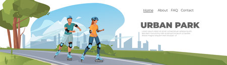People rollerblading on the road in the park vector illustration.のイラスト素材