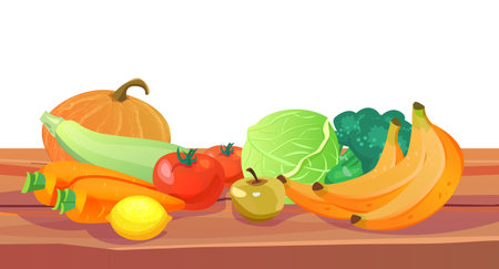 Vegetables and fruits on the wooden table. Vector illustration.のイラスト素材