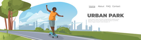 Young man riding a skateboard on the road. Vector illustration.のイラスト素材