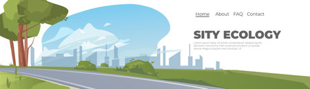 Landing page template of cityscape with road, trees and industrial buildings. Vector illustration.のイラスト素材
