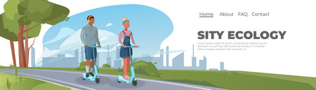 Vector horizontal web banner template with man and woman riding electric in city park. Flat style illustration.のイラスト素材