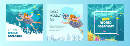 World Ocean Day. Cute sea turtle in diving mask and snorkel. Flat vector illustration.のイラスト素材