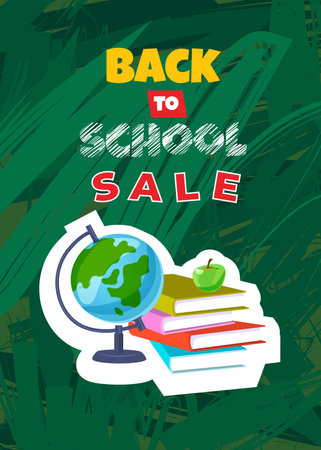 Back to school sale poster with globe, books and apple. Vector illustrationのイラスト素材