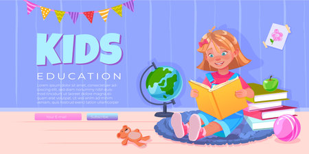 Back to school banner. Cute little girl sitting on the floor and reading a book. Vector illustrationのイラスト素材