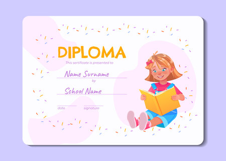 Diploma template with cute little girl reading a book. Vector illustrationのイラスト素材