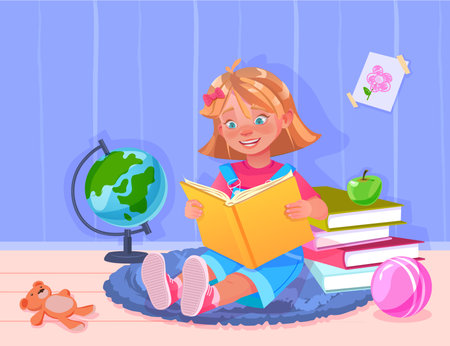 Cute little girl sitting on the floor with a pile of books and book. Schoolgirl reading a book at home. Vector illustrationのイラスト素材