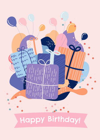 Birthday greeting card with gift boxes and balloons. Vector illustration.のイラスト素材
