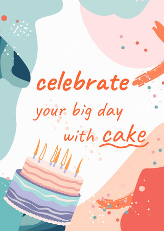 Cute birthday card template with cake and text. Vector illustration.のイラスト素材