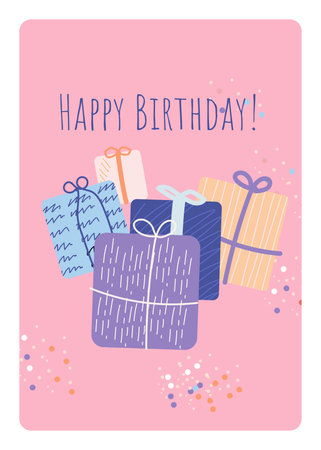 Happy birthday card with cute gift boxes. Hand drawn vector illustration.のイラスト素材