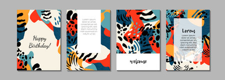 Set of creative universal card templates in Memphis style. Hand Drawn textures. Modern design.のイラスト素材