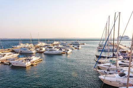 Group of yachts and boats in the harbor in sunriseのeditorial素材