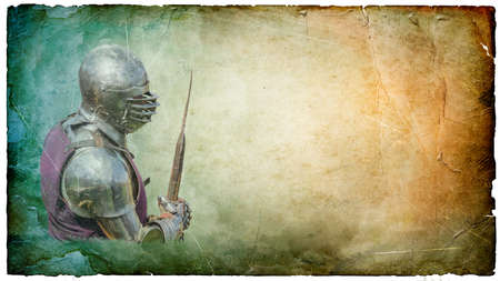 Armored knight with  battle-axe - retro postcard on landscape vintage paper background