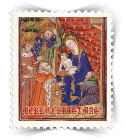 Label for Christmas greeting cards stylized as vintage post stamp (Adorations of the magi)
