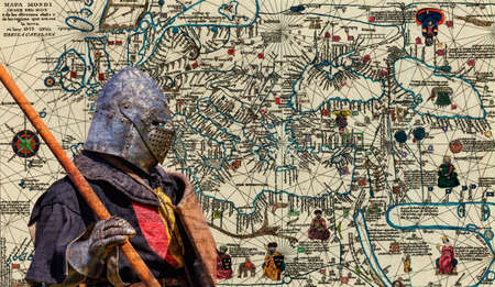 Armored knight - retro postcard on vintage map background