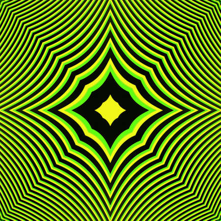 An abstract green and yellow contrast pattern with hypnotic effect on black backgroundの写真素材