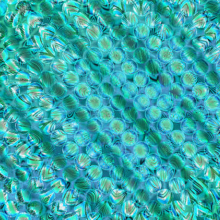 An abstract illustration with turquoise and cyan spheres, arranged in linesの写真素材