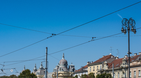 View on rooftops and skyline from main train station in Zagreb.の写真素材
