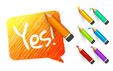Banner paint with pencils. Hand drawn orange speech bubble with doodles, set of colorful crayons and written short message. Sketch cloud and quote, lines stroke and scribbleのイラスト素材
