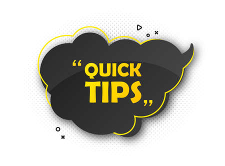 Quick tips, helpful tricks. Banner with useful information. Colorful tooltip, hint for website. Vector icon of solution, advice. Black - yellow speech bubble on white background with halftone effectのイラスト素材