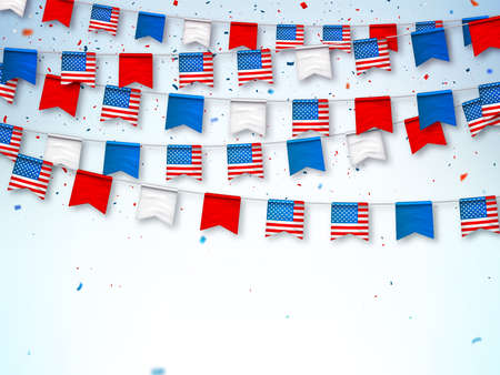 Garlands of bunting USA flags. Decorative patriotic symbols for national holidays in United States of America. Vector banner for celebrate Independence, labor, patriot day. Vector illustrationのイラスト素材