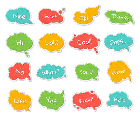 Set of templates speech bubbles with quotes. Colorful denim cartoon stickers with stitches, short messages. Jeans stickers and patch badges in style of comics, pop artのイラスト素材