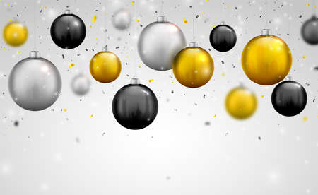 Beautiful background with Christmas decoration. Vector illustration of happy new year 2020 with 3d gold, black and silver Christmas balls and serpentine. Holiday greeting cardのイラスト素材