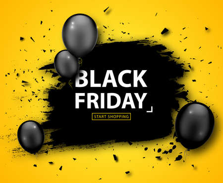 Black Friday Sale Poster. Seasonal discount banner with black balloons and grunge frame on yellow background. Holiday design template for advertising shopping, closeout on thanksgiving dayのイラスト素材