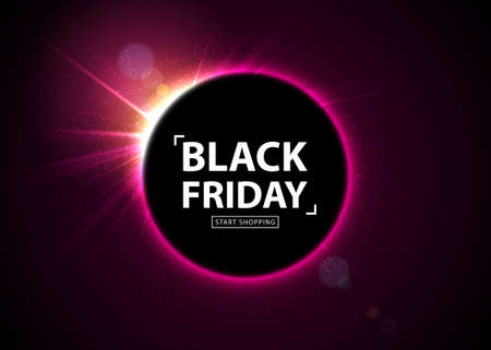 Black Friday sale poster. Seasonal discount banner, place for text. Glowing colorful circle with light flash on black background. Design template for advertising shopping, closeout, flyer, billboardのイラスト素材