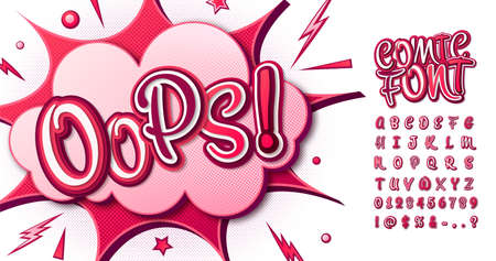 Colorful comic font, children alphabet in style of comics, pop art. Multilayer funny pink letters on comic book page with speech bubbles for decoration of kid illustrations, posters, banners.のイラスト素材