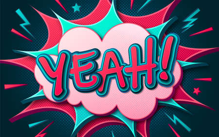 Comic poster. Speech bubbles, burst, yeah text and sound effect. Colorful funny banner in comics book and pop art style. Cartoon banner with halftone and sound effects. Vector illustration.のイラスト素材