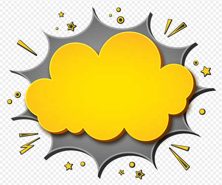 Comics background. Cartoon poster in pop art style with yellow - grey speech bubbles with halftone and sound effects. Funny colorful banner with place for text on transparent backdropのイラスト素材