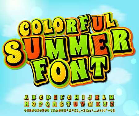 Retro comic font, cartoon kid alphabet in style of comics, pop art. Funny letters, numbers on comic book page for children illustration, poster, banner.のイラスト素材