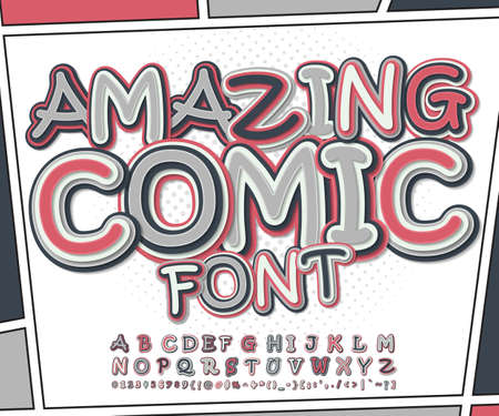 Retro comic font, cartoon kid alphabet in style of comics, pop art. Funny letters, numbers on comic book page for children illustration, poster, banner.のイラスト素材