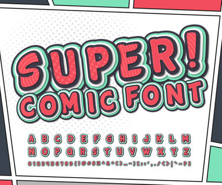 Colorful high detail comic font on comic book page. Alphabet in style of comics, pop art. Multilayer funny letters and figures for decoration of kids illustrations, websites, posters, comics, bannersのイラスト素材