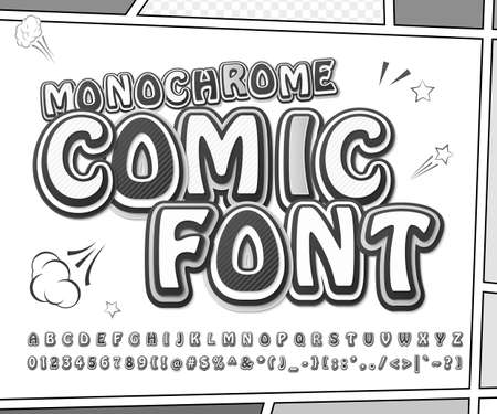 Retro comic font, cartoon kid alphabet in style of comics, pop art. Funny letters, numbers on comic book page for children illustration, poster, banner.のイラスト素材