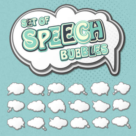 Collection of templates colorful speech bubbles in pop art style. Elements of design comic books. Set of thought or communication bubbles. Vector illustrationのイラスト素材