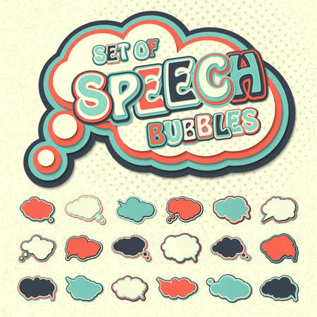 Collection of templates colorful speech bubbles in pop art style. Elements of design comic books. Set of thought or communication bubbles. Vector illustrationのイラスト素材
